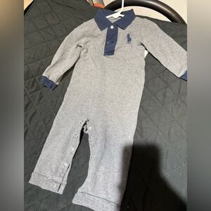 Ralph Lauren Gray and Navy Polo Baby One-Piece Romper